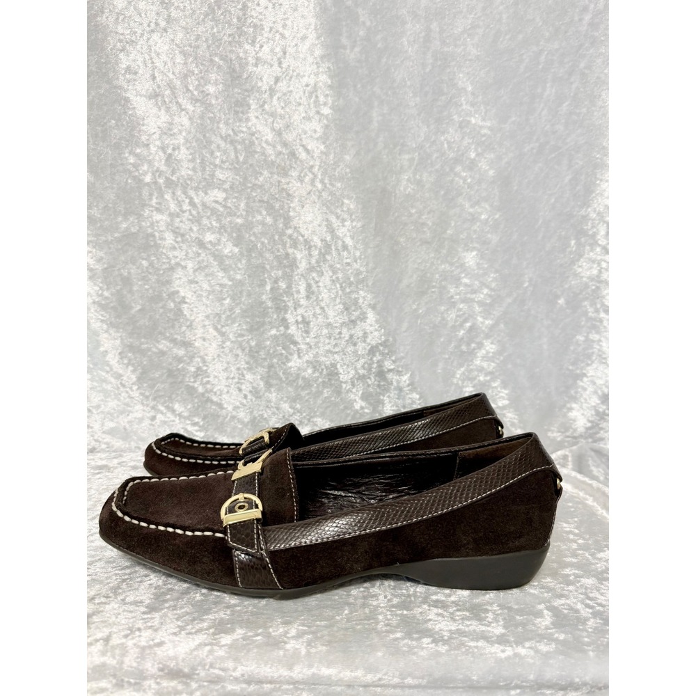 Etienne Aigner SEMPEST Brown Suede Faux Python Buckle Loafers Square Toe Size 7 - Picture 6 of 10